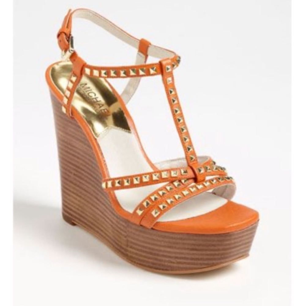 Michael MK Alexi Orange Studded Leather Wedges